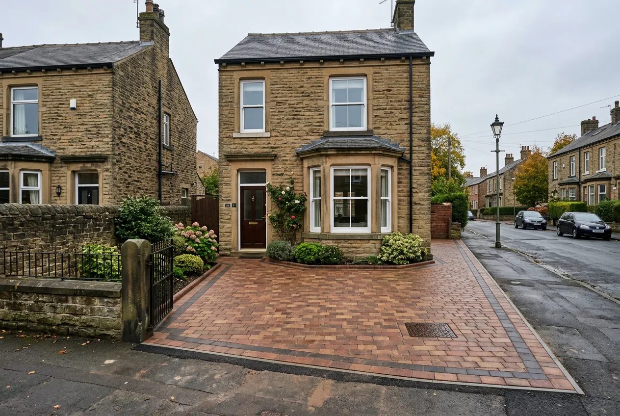 Yorkshire stone terrace in Leeds with a new brindle block paved drive