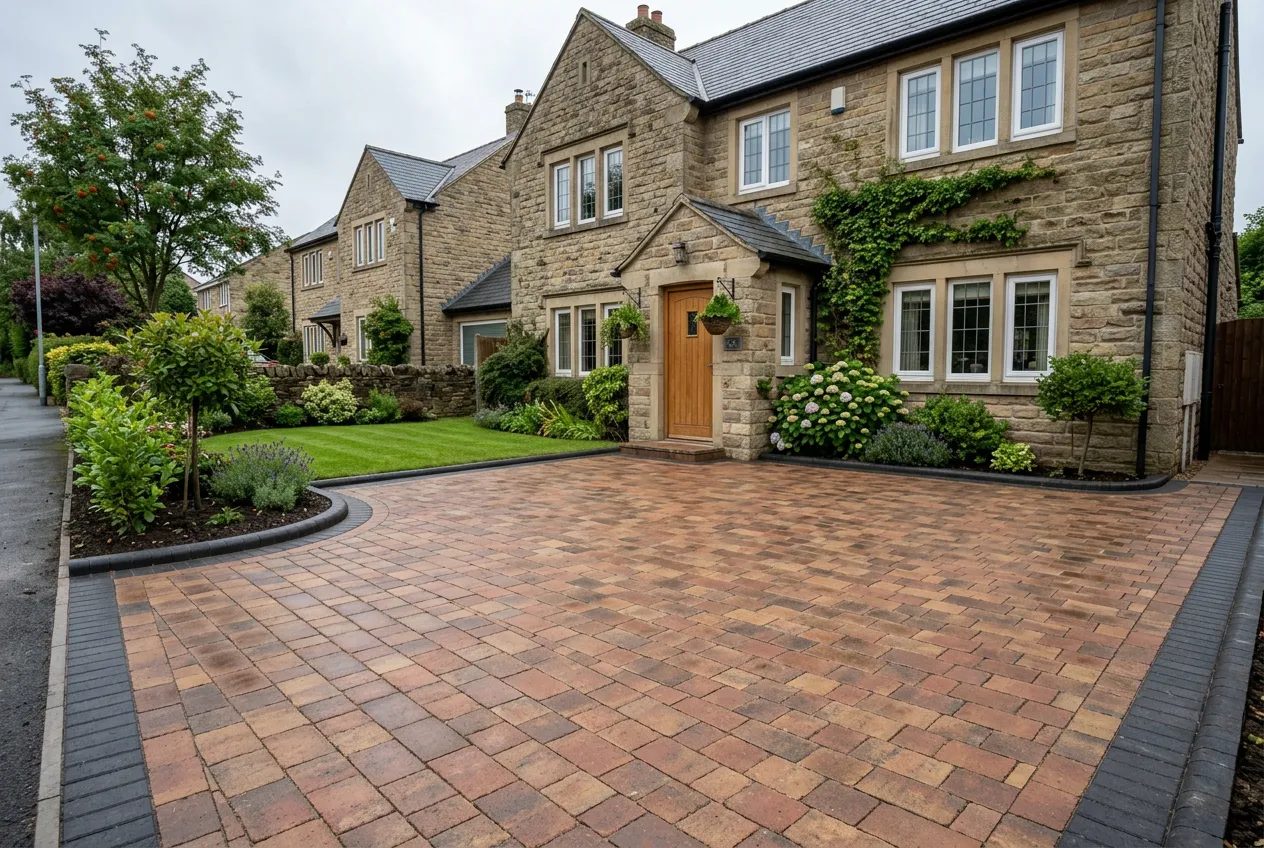Brindle block paving driveway before a Yorkshire stone semi