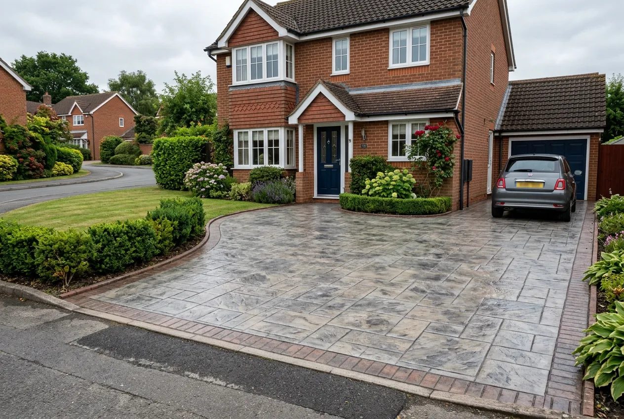 Grey-buff ashlar slate imprinted concrete driveway before a suburban detached house