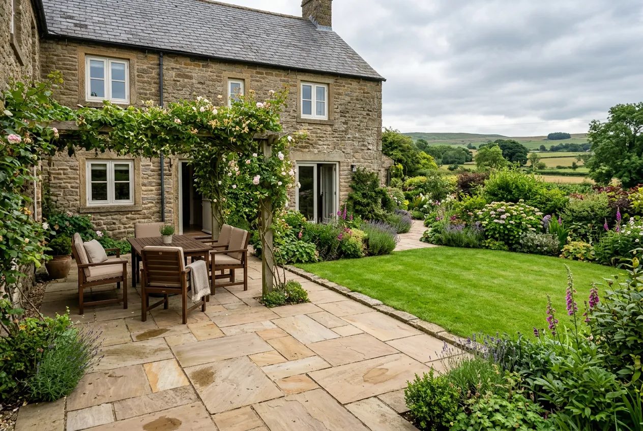 Warm sandstone patio with wooden furniture behind a Yorkshire stone house