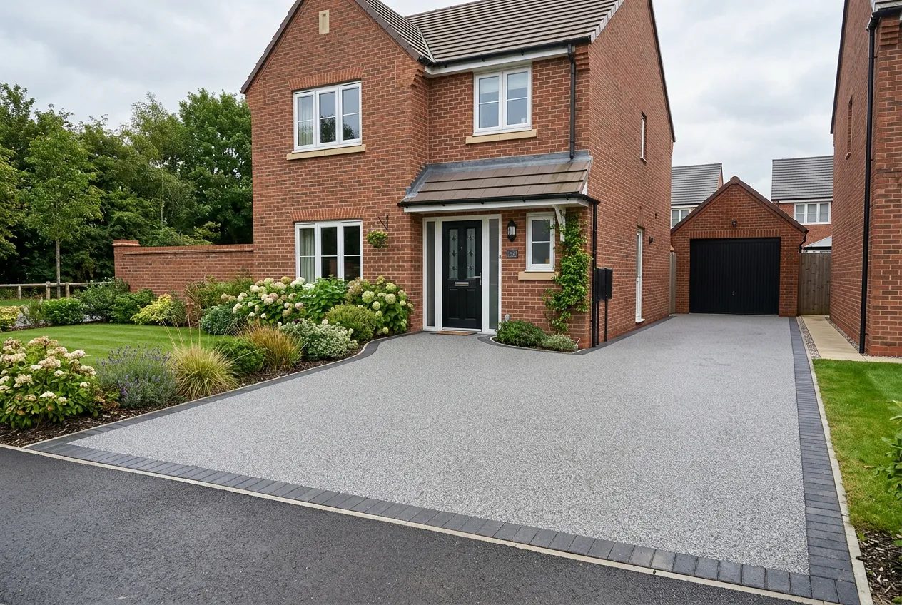 Silver-grey resin bound driveway before a modern brick house on a northern estate