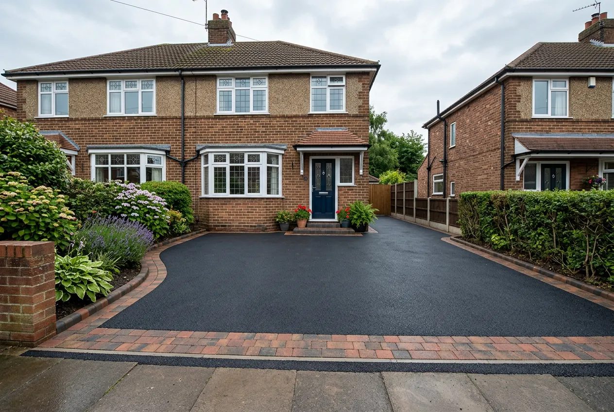 Fresh black tarmac driveway with brindle block edging before a 1930s semi